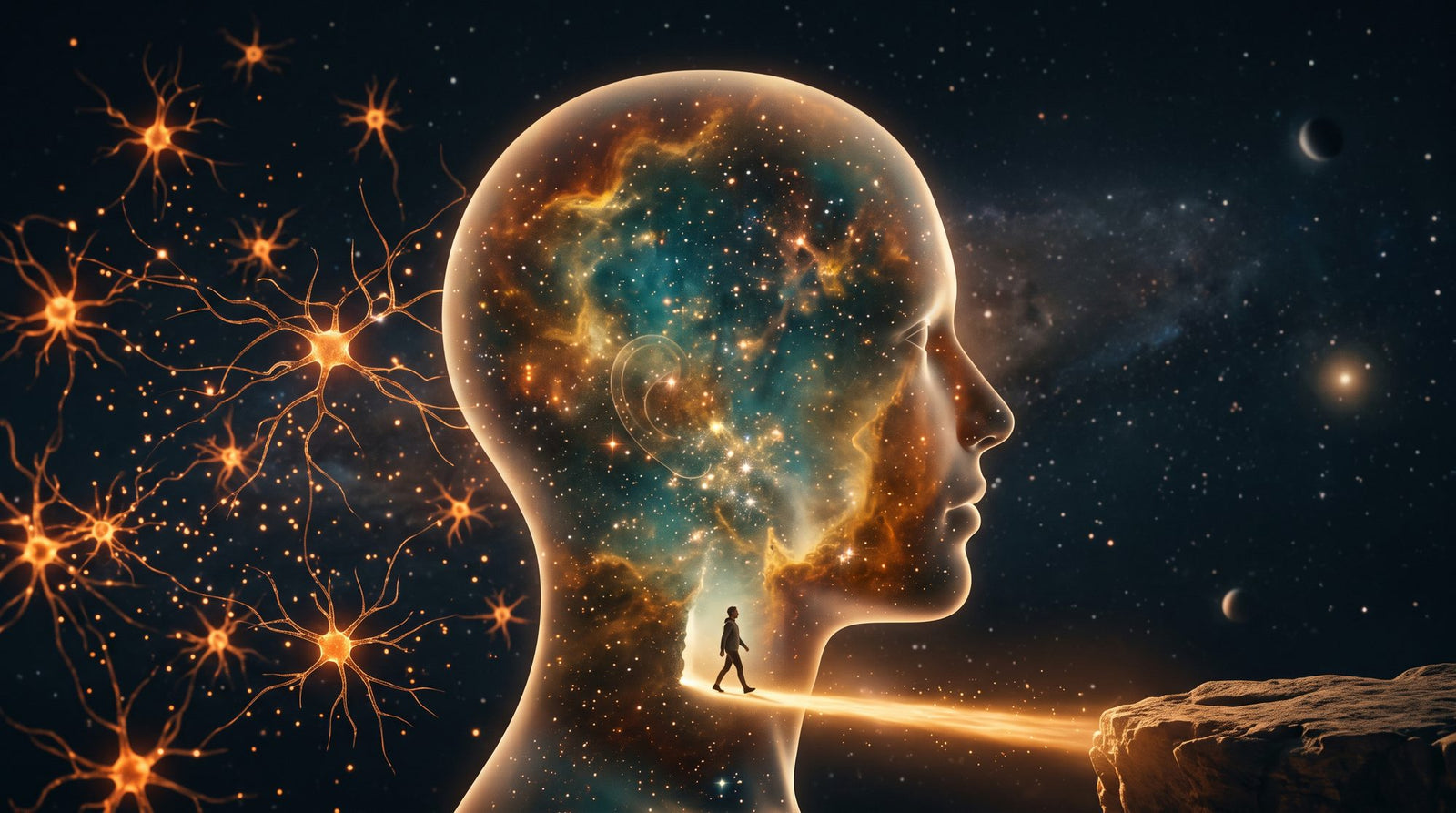 A glowing head silhouette filled with a nebula, a person walking into the light