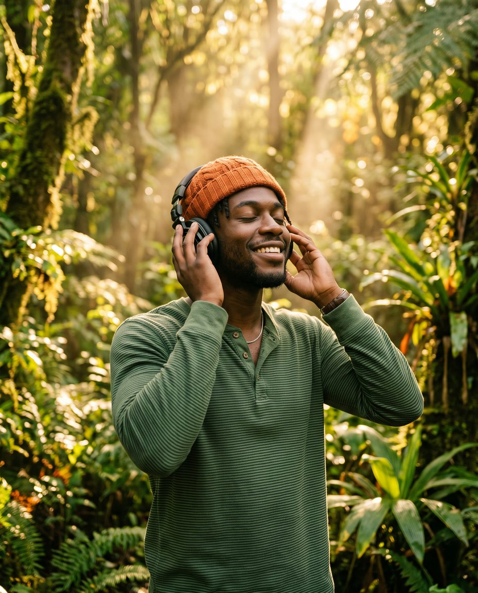 A smiling man in an orange beanie listening with headphones in a sunlit forest