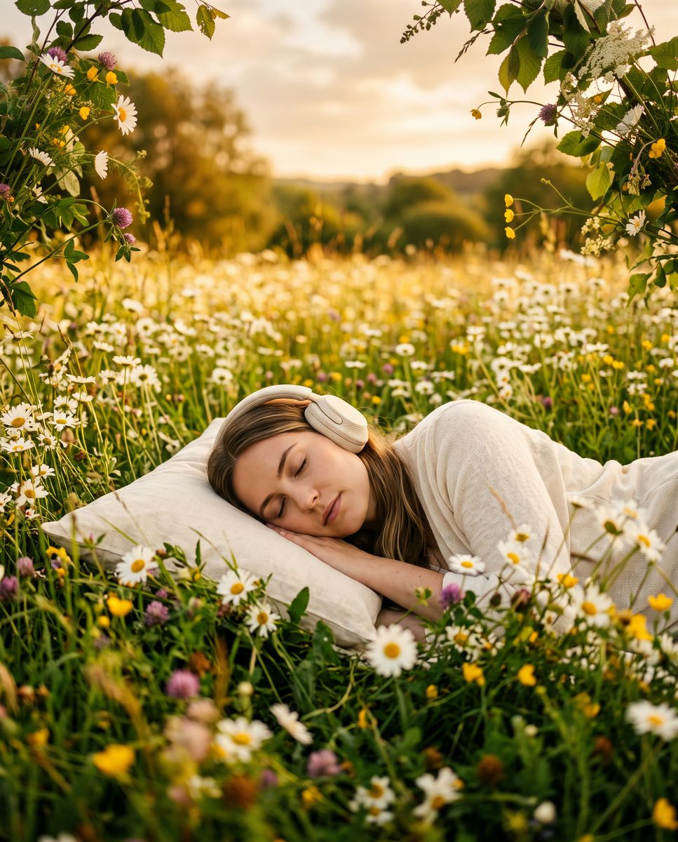 A woman sleeping with headphones in a meadow of daisies