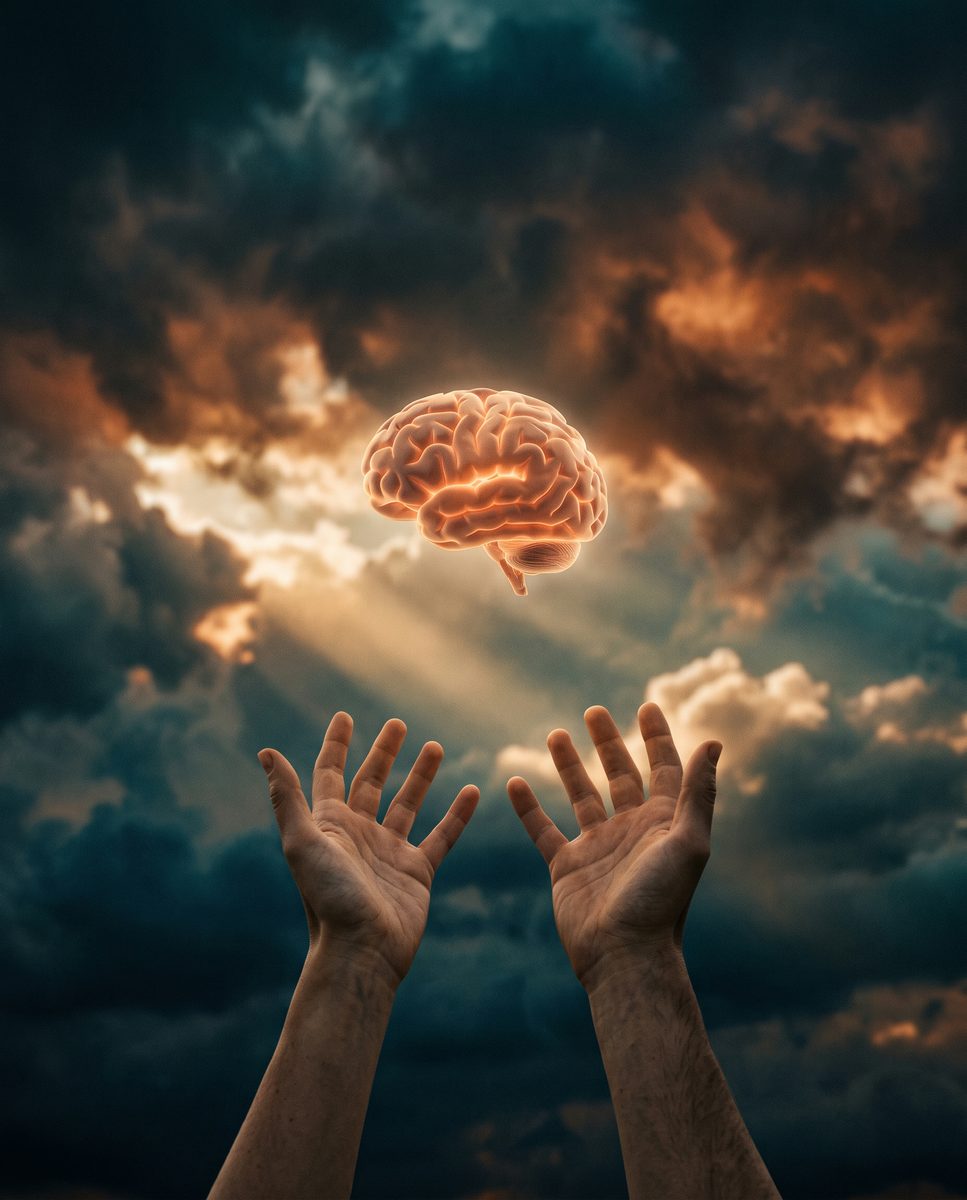 Hands reaching up to a glowing brain in dramatic clouds